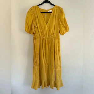 Heartloom Halia Dress - Midi Yellow Tiered Puff Sleeve - V-Neck - 100% Cotton
